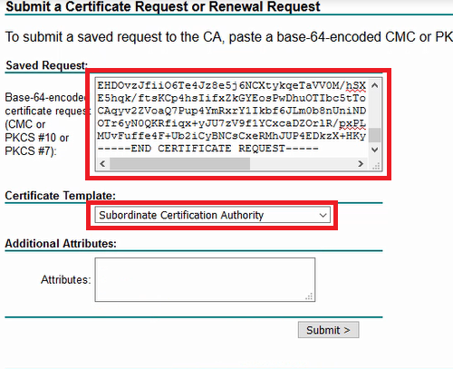 CSR-Code und Menüoption Zertifikatvorlage auf dem Server