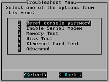 Abbildung zeigt das Menü Troubleshoot mit ausgewählter Option Reset console password.
