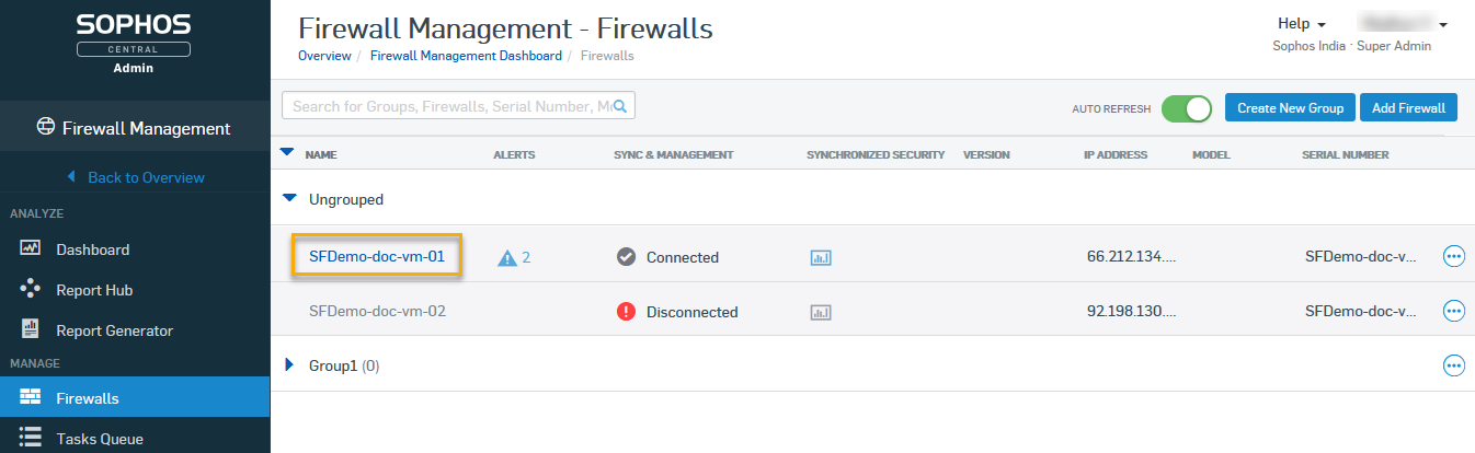 Ihre Firewall auf der Seite „Firewalls“ in Sophos Central.